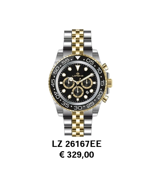 OROLOGIO LORENZ CRONO SPORT BICOLORE ACCIAIO ORO QUADRANTE NERO 26167EE