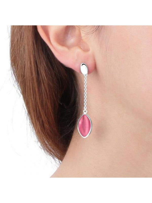 Orecchini donna in acciaio con Occhio di Gatto rosa.